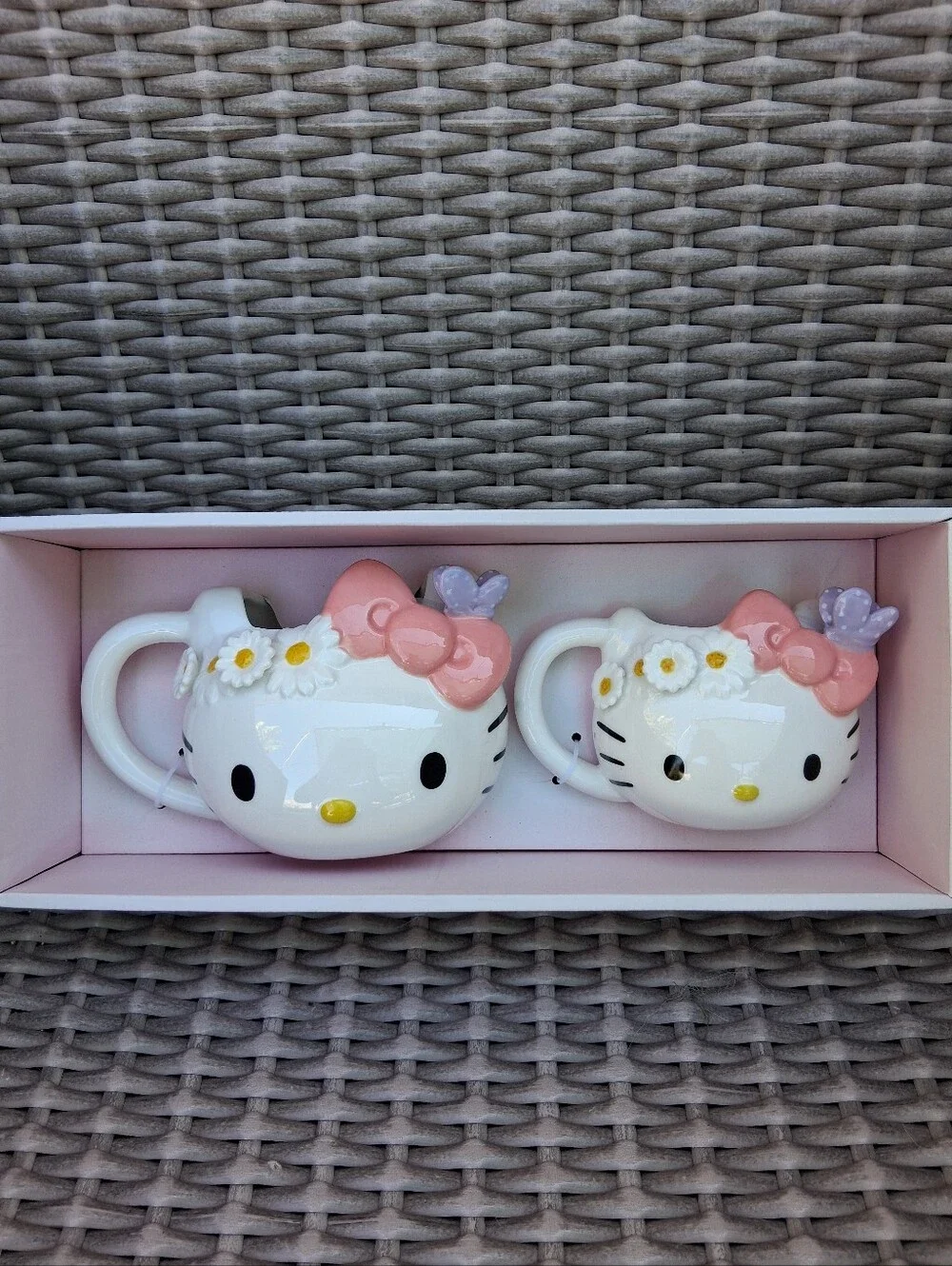 Hello Kitty Ceramic Face Mug Pair with Pink Bows and Purple Accents